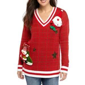 Womens Joyland Varsity Ugly Christmas Sweater Red V Neck Santa & Stocking LG